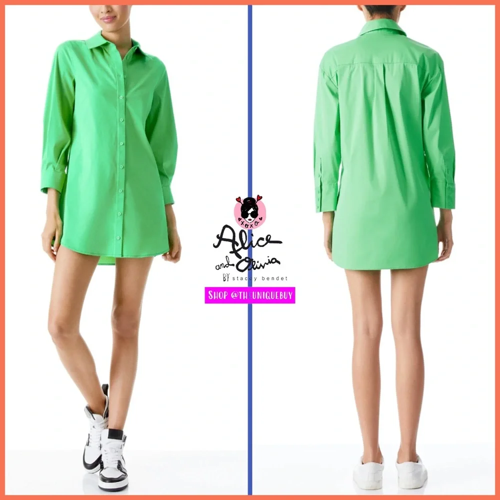 Alice + Olivia Dimitra Button Down Rolled Sleeve Green Mini Dress